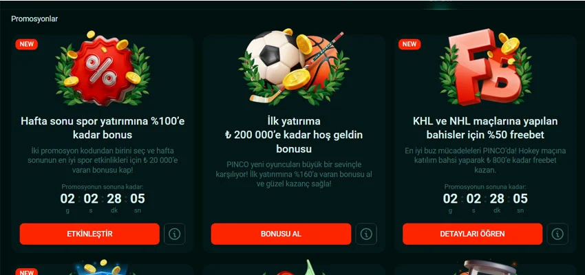 Pinco promosyonlar ve bonus kampanyaları - hafta sonu spor bonusu, hoş geldin bonusu, freebet